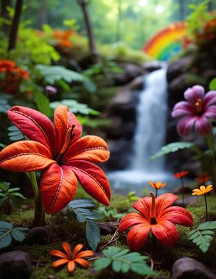 The primary subject of the image is a beautiful garden scene featuring a variety of flowers and plants. The setting includes a waterfall, adding a sense of tranquility to the environment. The visual style of the image is a combination of photo and digital art, creating a vibrant and lively atmosphere. The dominant colors in the scene are red, orange, and purple, which contribute to the overall mood of the image.
